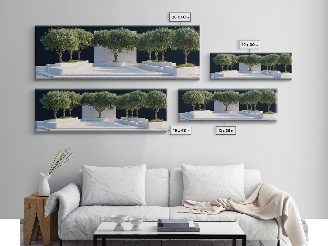 Mediterranean Olive Tree Courtyard Framed Canvas Print, Modern Wall Art, Architectural Landscape, Minimalist Home Decor Art
