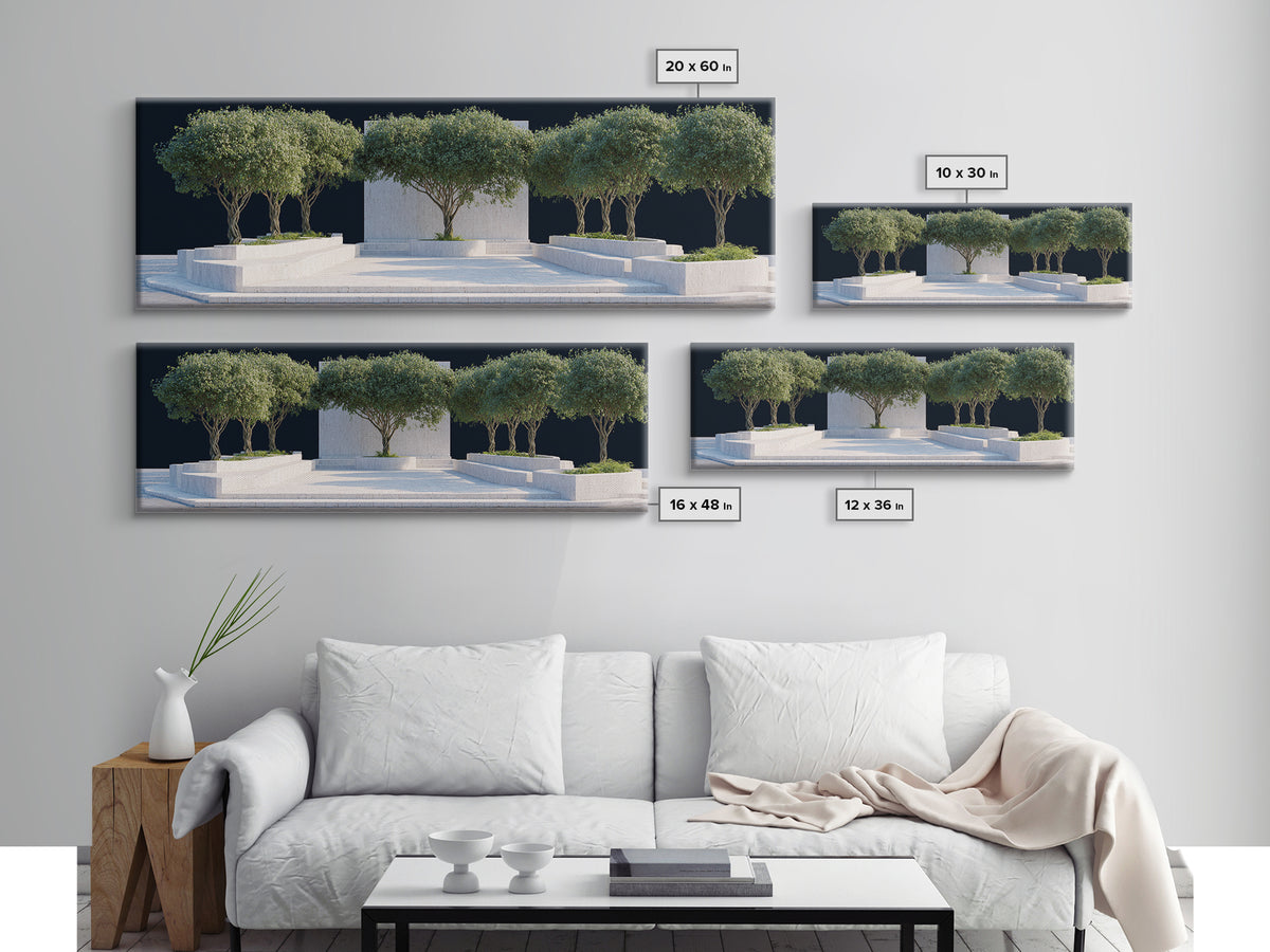 Mediterranean Olive Tree Courtyard Framed Canvas Print, Modern Wall Art, Architectural Landscape, Minimalist Home Decor Art