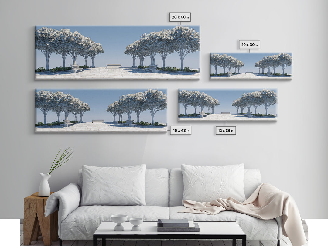 Symmetrical Winter Tree Promenade Canvas Print, Modern Wall Art, Scandinavian Landscape, Blue White Minimalist Wall Decor