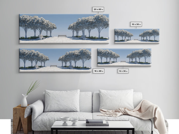 Symmetrical Winter Tree Promenade Canvas Print, Modern Wall Art, Scandinavian Landscape, Blue White Minimalist Wall Decor