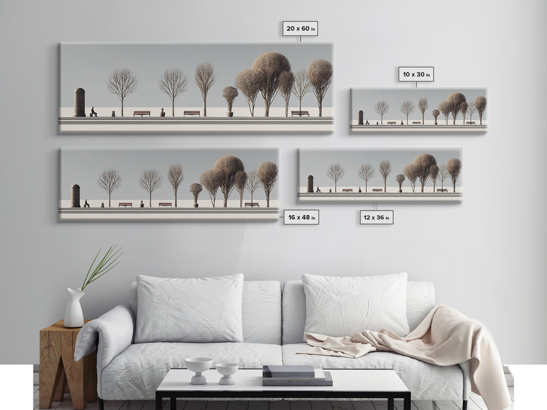 Minimal Winter Promenade With Bare Trees And Benches Wall Art, Modern Landscape Print, Scandinavian Decor, Office Art, Home Decor