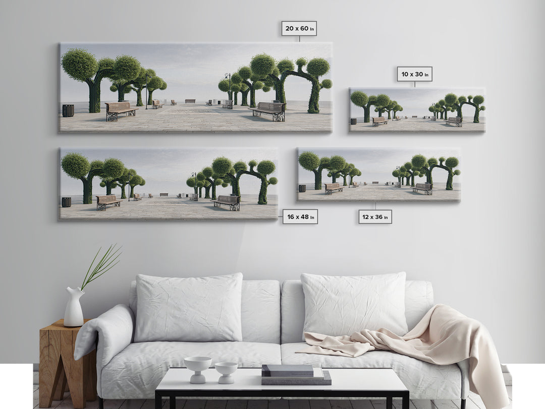 Coastal Boardwalk With Sculpted Green Trees And Benches Framed Canvas Print, Modern Wall Art, Beach House Decor Landscape