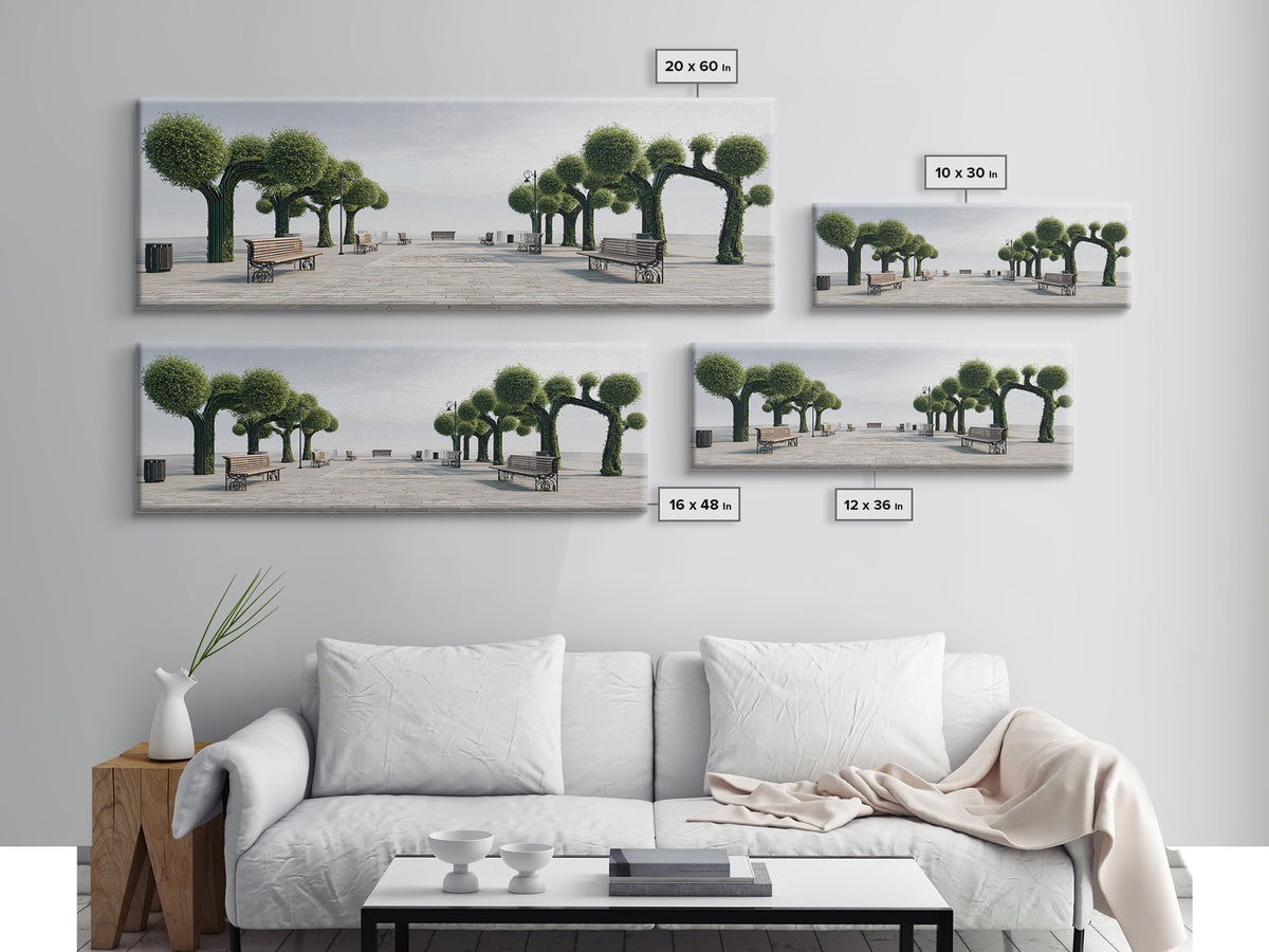 Coastal Boardwalk With Sculpted Green Trees And Benches Framed Canvas Print, Modern Wall Art, Beach House Decor Landscape