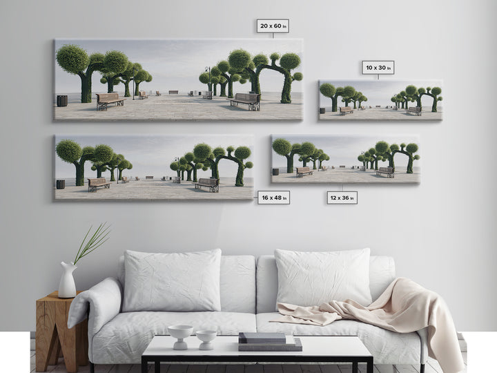 Coastal Boardwalk With Sculpted Green Trees And Benches Framed Canvas Print, Modern Wall Art, Beach House Decor Landscape