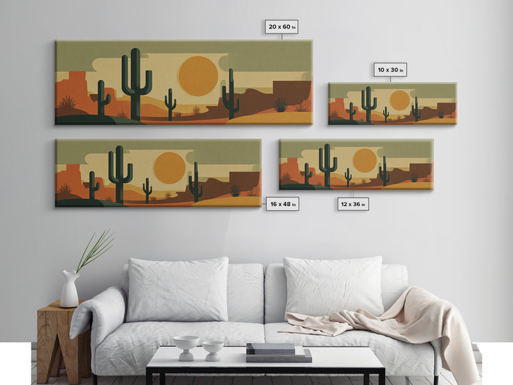 Retro Desert Cactus Scene With Orange Sun And Mesas Canvas Print, Mid Century Modern Wall Art, Southwest Decor Poster Print