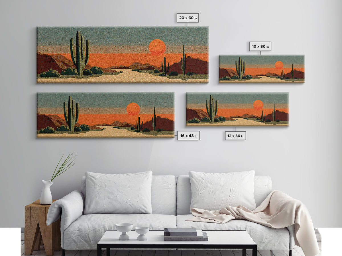 Textured Saguaro Desert With Orange Sun And Rust Mountains Canvas Print, Retro Wall Art, Midcentury Modern Southwest Decor