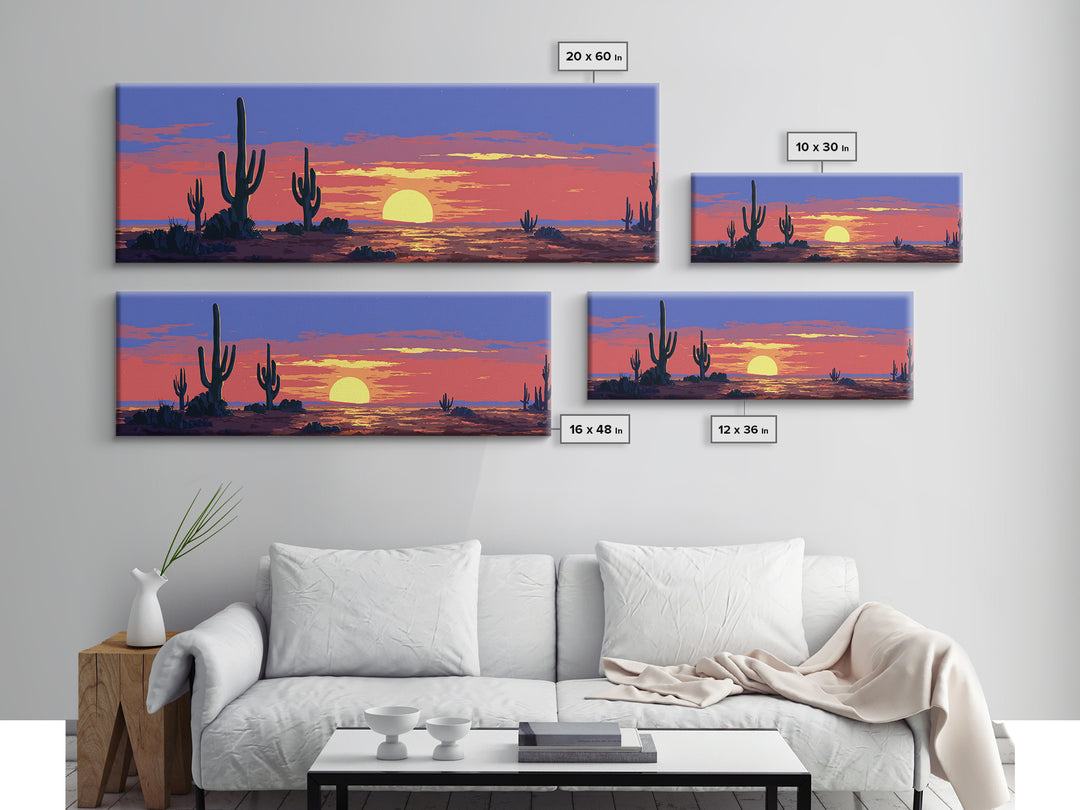 Purple Desert Sunset With Tall Saguaro Cacti And Low Sun Framed Canvas Print, Retro Wall Art, Colorful Southwest Home Decor