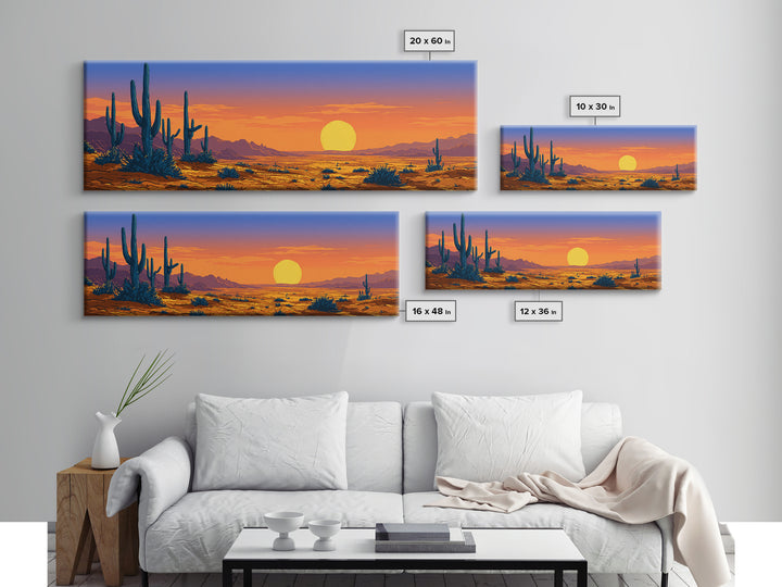 Vibrant Desert Sunset With Blue Cacti And Golden Sky Wall Art, Retro Art Print, Colorful Southwest Living Room Decor Poster