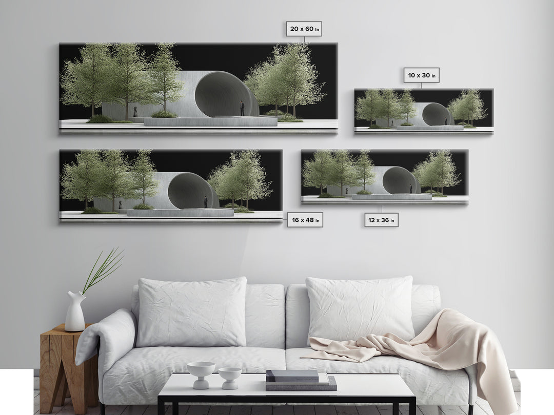 Concrete Circular Pavilion With Silver Trees And Black Sky Framed Canvas Print, Modern Architecture Wall Art, Office Decor