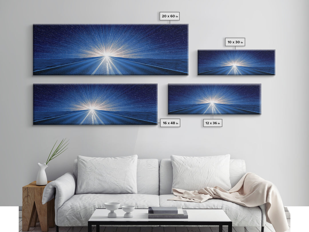 Starry Blue Highway Horizon Framed Canvas Print, Cosmic Retro Wall Art, Modern Digital Art, Space Abstract Decor For Living Room