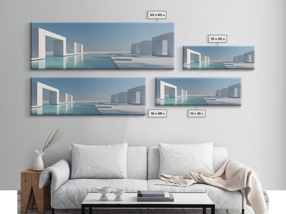 Minimal White Geometric Seaside Architecture With Blue Pool Wall Art, Modern Coastal Print, Luxury Home Decor, Office Art