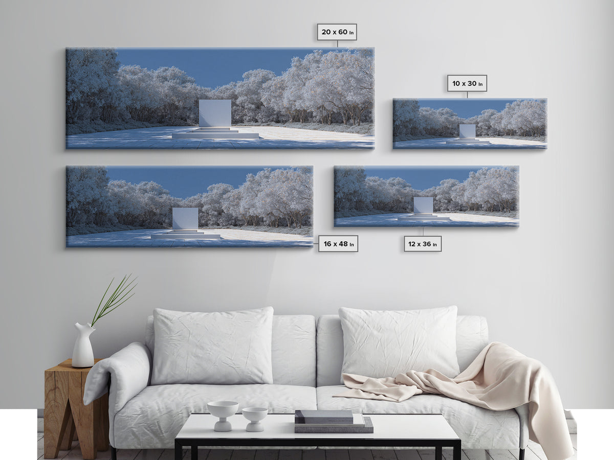 Snowy Minimal Monument Wall Art, Winter Forest Landscape Canvas, Blue White Modern Home Decor, Serene Scandinavian Print