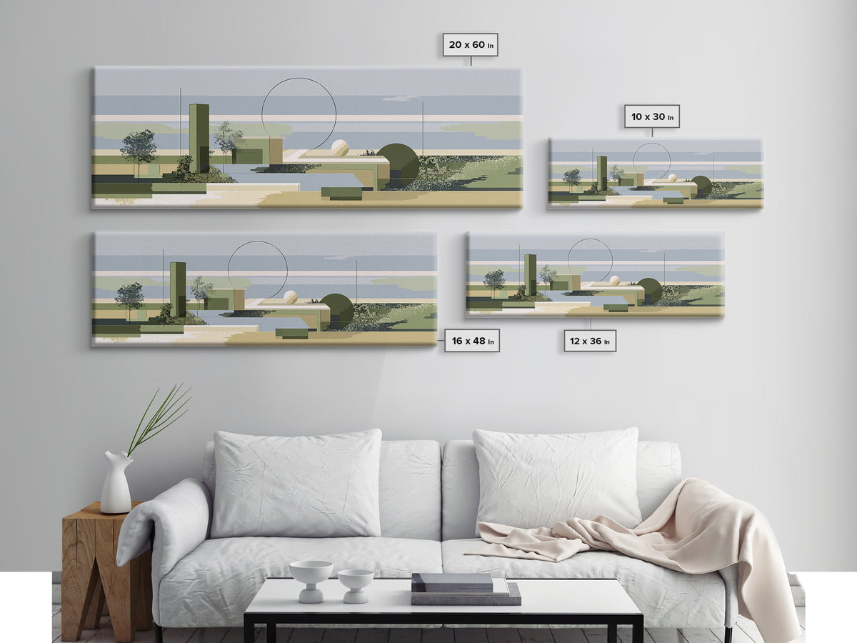 Midcentury Coastal Architecture Wall Art, Olive Green Geometric Landscape, Modern Abstract Decor, Minimalist Canvas Print