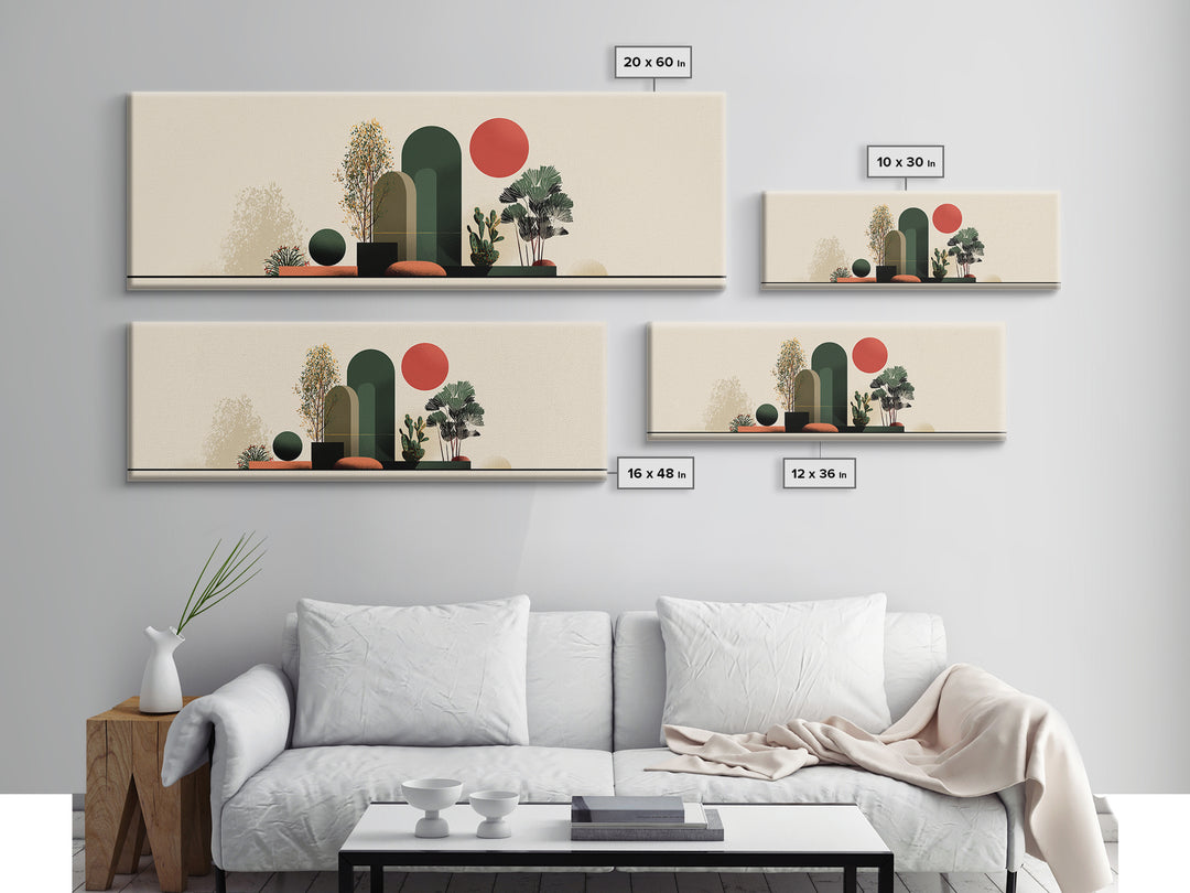 Abstract Botanical Still Life Wall Art, Red Sun And Green Arches, Midcentury Modern Decor, Boho Scandinavian Canvas Print