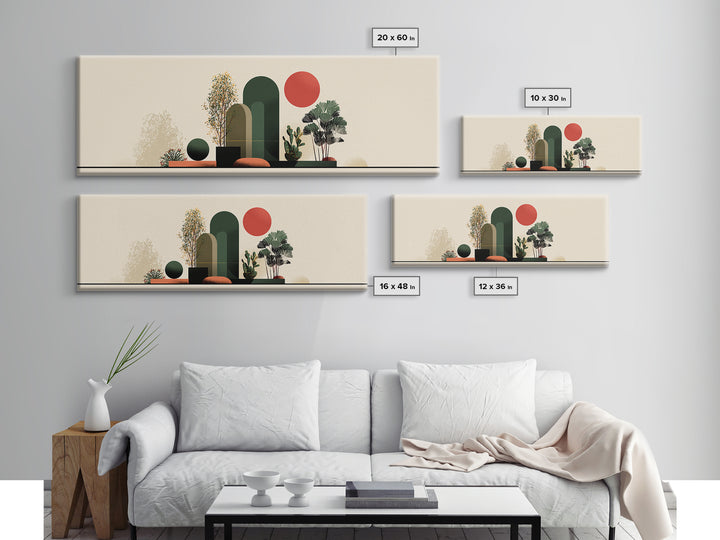 Abstract Botanical Still Life Wall Art, Red Sun And Green Arches, Midcentury Modern Decor, Boho Scandinavian Canvas Print