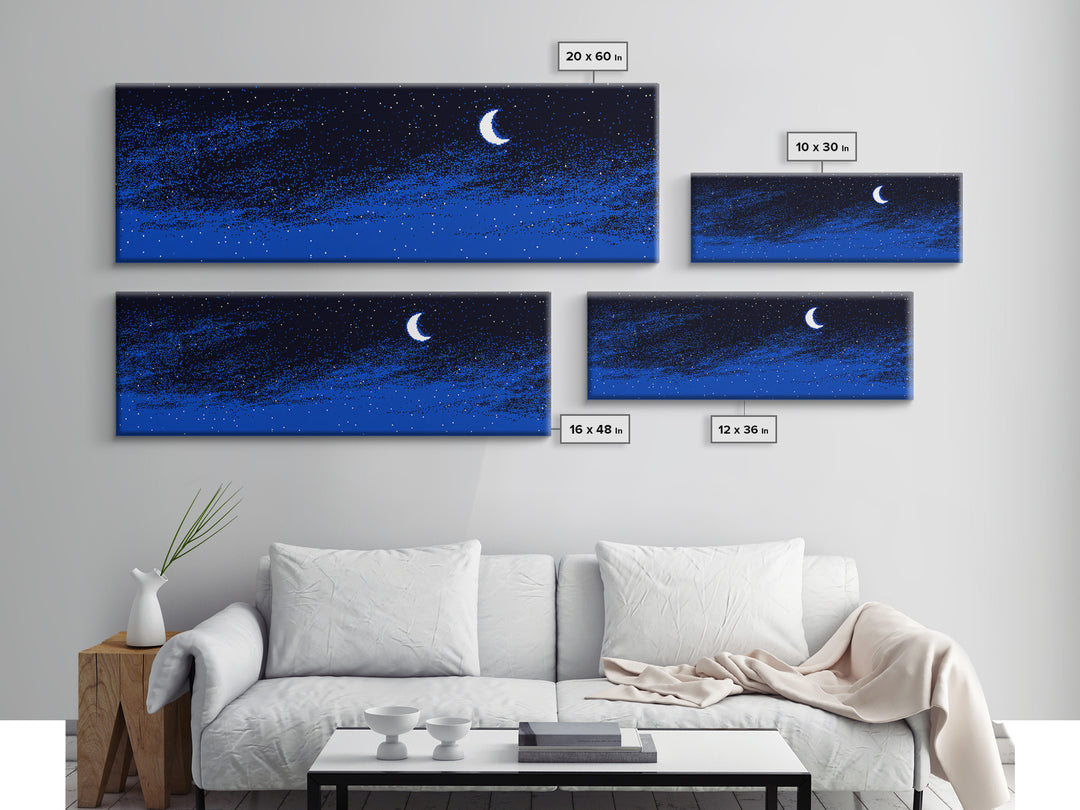 Blue Starry Crescent Moon Wall Art, Night Sky Celestial Canvas, Minimal Modern Decor, Boho Nursery Bedroom Art Print Gift