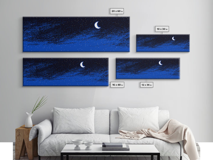 Blue Starry Crescent Moon Wall Art, Night Sky Celestial Canvas, Minimal Modern Decor, Boho Nursery Bedroom Art Print Gift