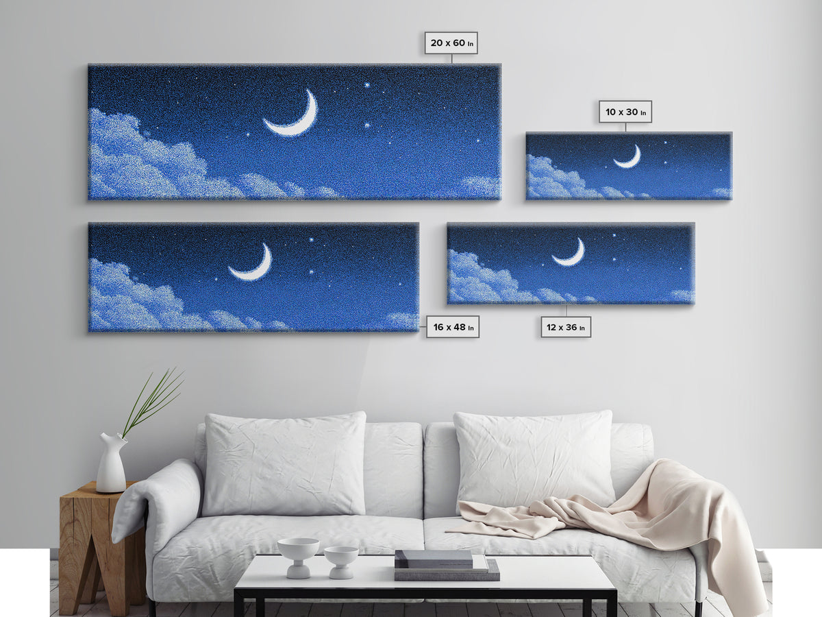 Glowing Crescent Moon And Cloud Wall Art, Blue Starry Sky Canvas, Mystical Celestial Decor, Boho Nursery Bedroom Art Print Gift