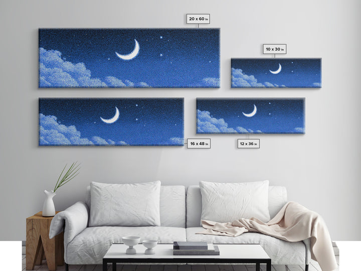 Glowing Crescent Moon And Cloud Wall Art, Blue Starry Sky Canvas, Mystical Celestial Decor, Boho Nursery Bedroom Art Print Gift
