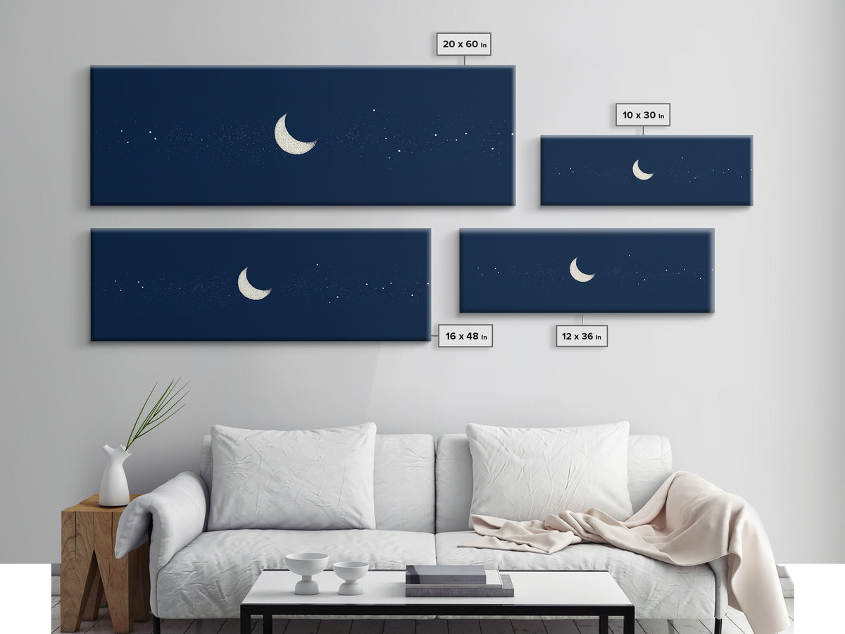 Minimal Navy Crescent Moon Wall Art, Tiny Star Night Sky Canvas, Scandinavian Modern Decor, Celestial Bedroom Art Print Gift
