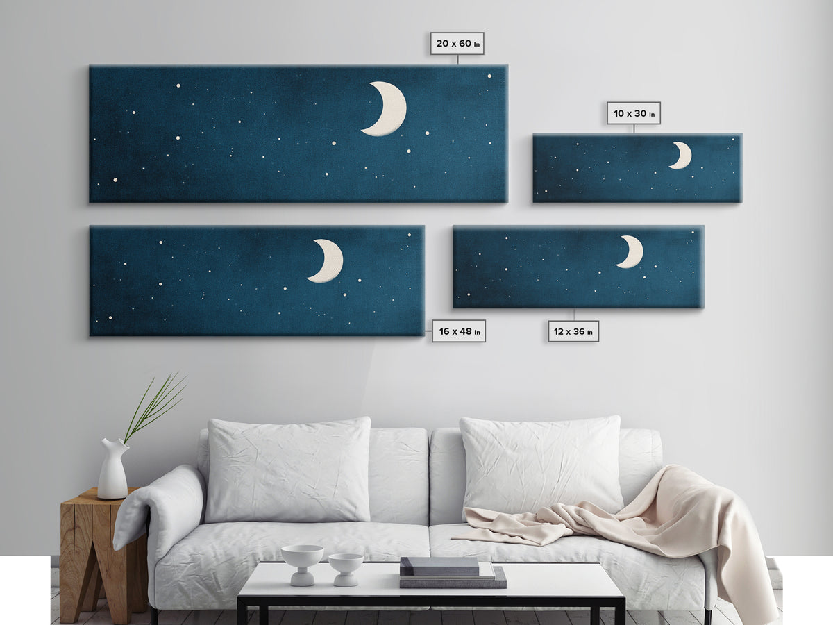 Textured Teal Crescent Moon Wall Art, Starry Night Sky Canvas, Minimalist Celestial Decor, Modern Bedroom Art Print Gift