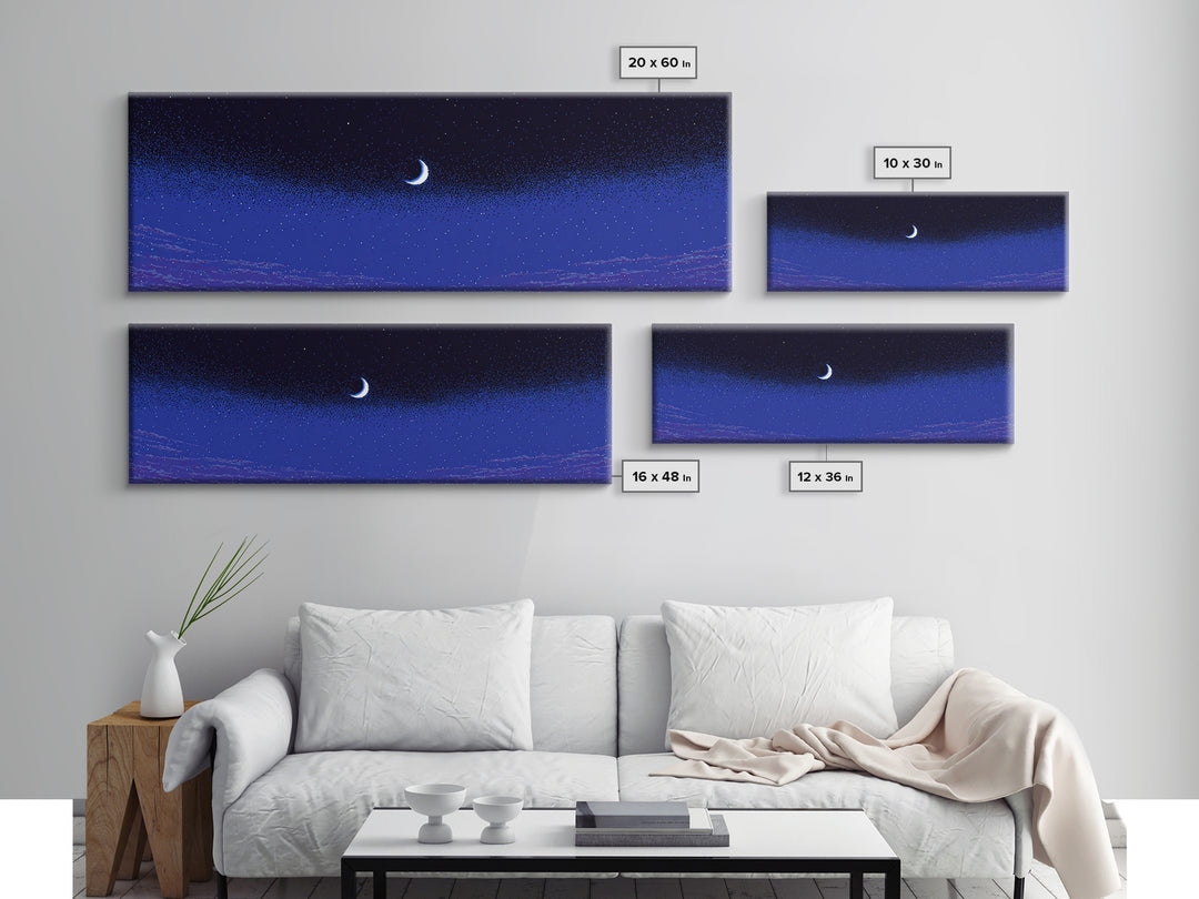 Purple Blue Crescent Moon Wall Art, Starry Horizon Night Sky Canvas, Cosmic Retro Decor, Boho Celestial Bedroom Art Print