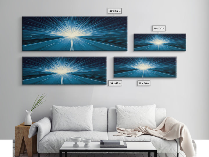 Electric Cyan Light Burst Canvas Print, Sci Fi Retro Wall Art, Modern Abstract Art, Blue Geometric Decor For Office Or Game Room