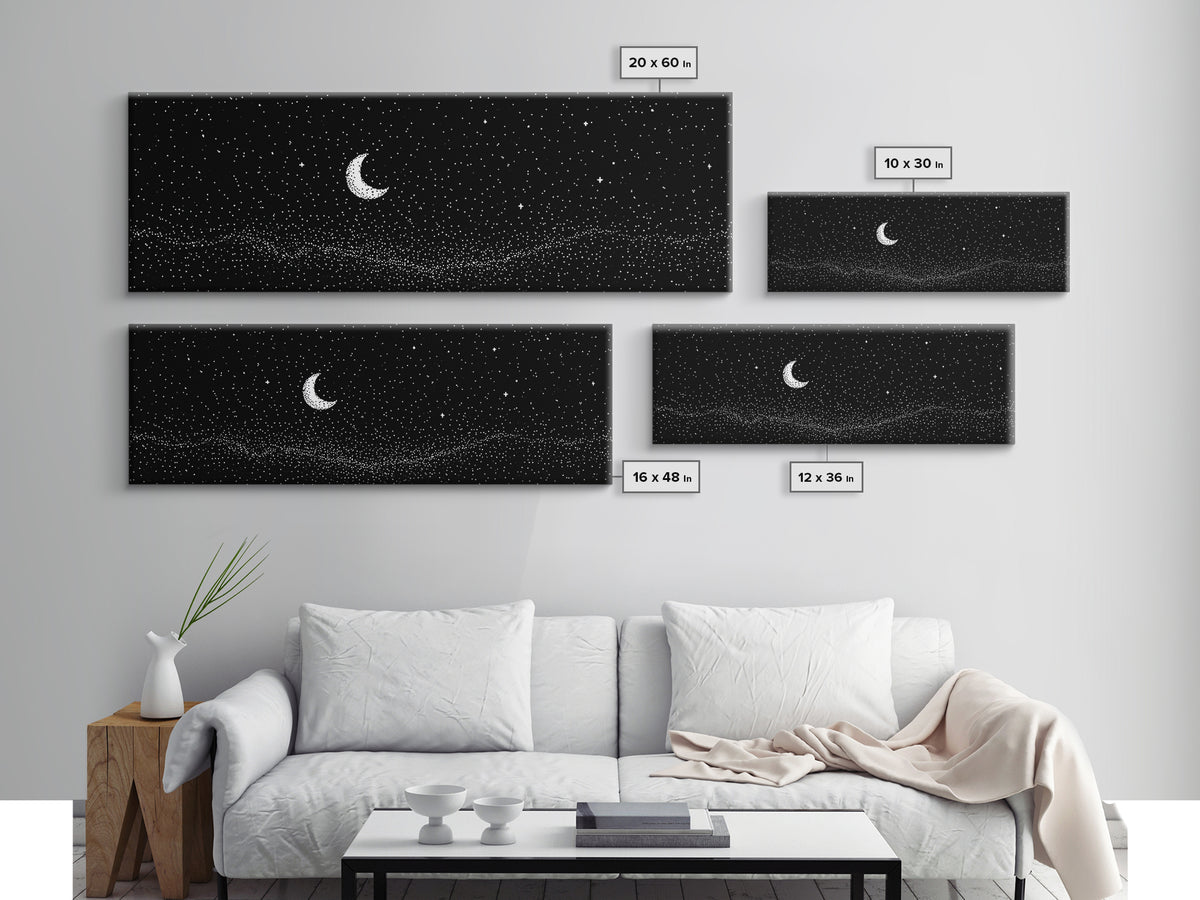 Black Starfield Crescent Moon Wall Art, White Stars Night Sky Canvas, Minimal Celestial Decor, Modern Bedroom Art Print Gift