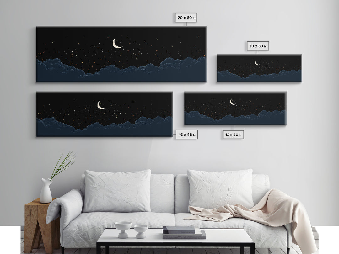 Crescent Moon Starry Night Clouds Wall Art, Pixel Landscape Print, Dark Blue Celestial Decor, Bedroom Office Poster Gift