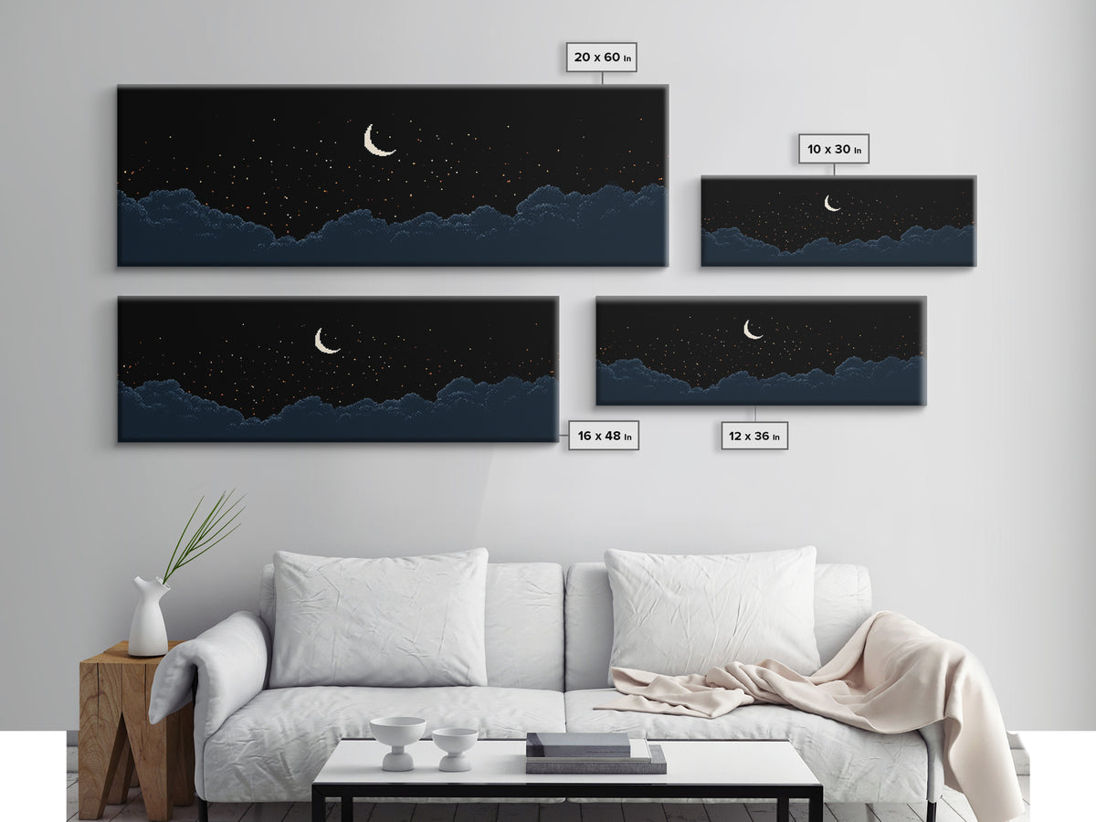 Crescent Moon Starry Night Clouds Wall Art, Pixel Landscape Print, Dark Blue Celestial Decor, Bedroom Office Poster Gift