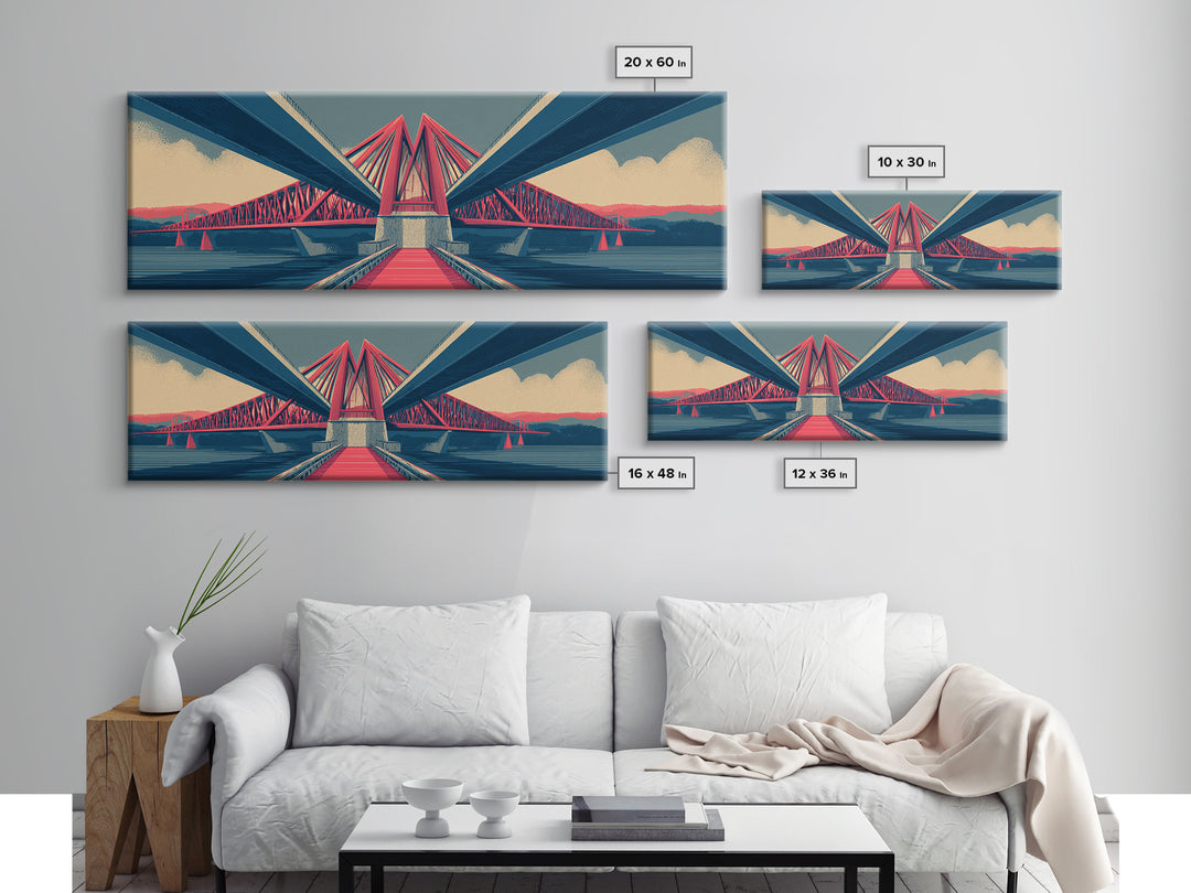 Red Suspension Bridge At Sunset Canvas Print, Midcentury Modern Wall Decor, Architectural Landscape, Retro Travel Poster