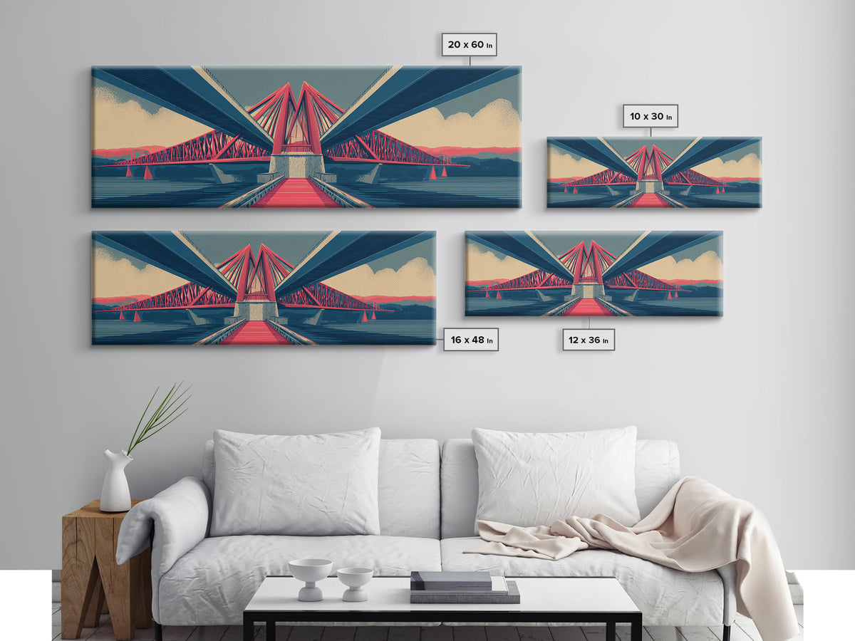 Red Suspension Bridge At Sunset Canvas Print, Midcentury Modern Wall Decor, Architectural Landscape, Retro Travel Poster