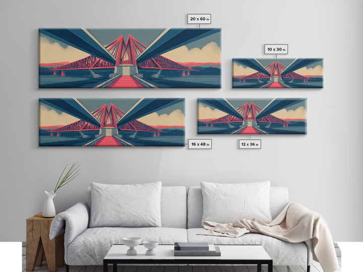 Red Suspension Bridge At Sunset Canvas Print, Midcentury Modern Wall Decor, Architectural Landscape, Retro Travel Poster
