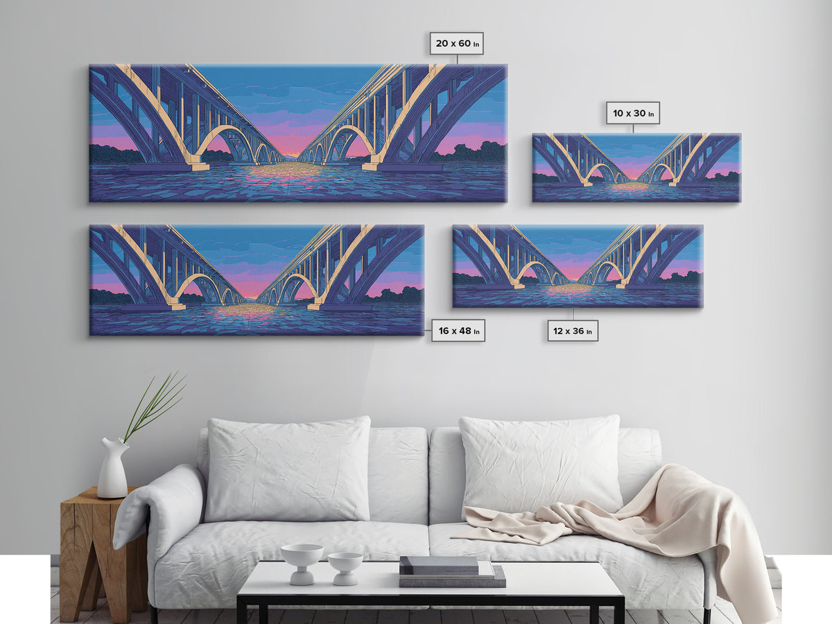 Blue Arch Bridge Sunset Wall Art, Panoramic River Cityscape Print, Modern Architectural Decor, Pink Purple Skyline Poster