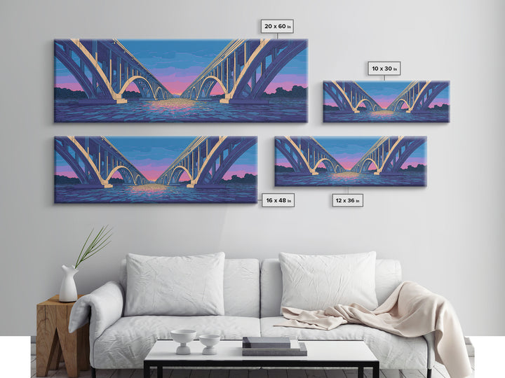 Blue Arch Bridge Sunset Wall Art, Panoramic River Cityscape Print, Modern Architectural Decor, Pink Purple Skyline Poster