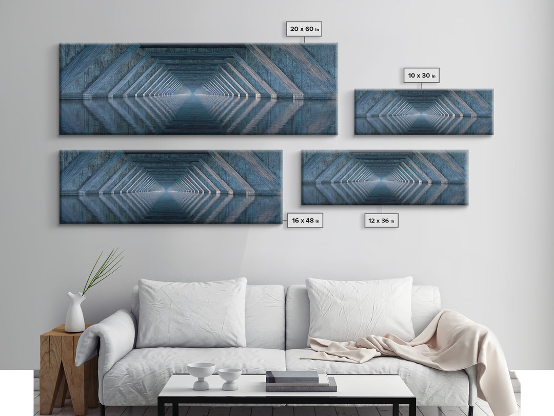 Concrete Underpass Reflections Framed Canvas Print, Geometric Bridge Wall Art, Blue Industrial Decor, Minimalist Poster Print