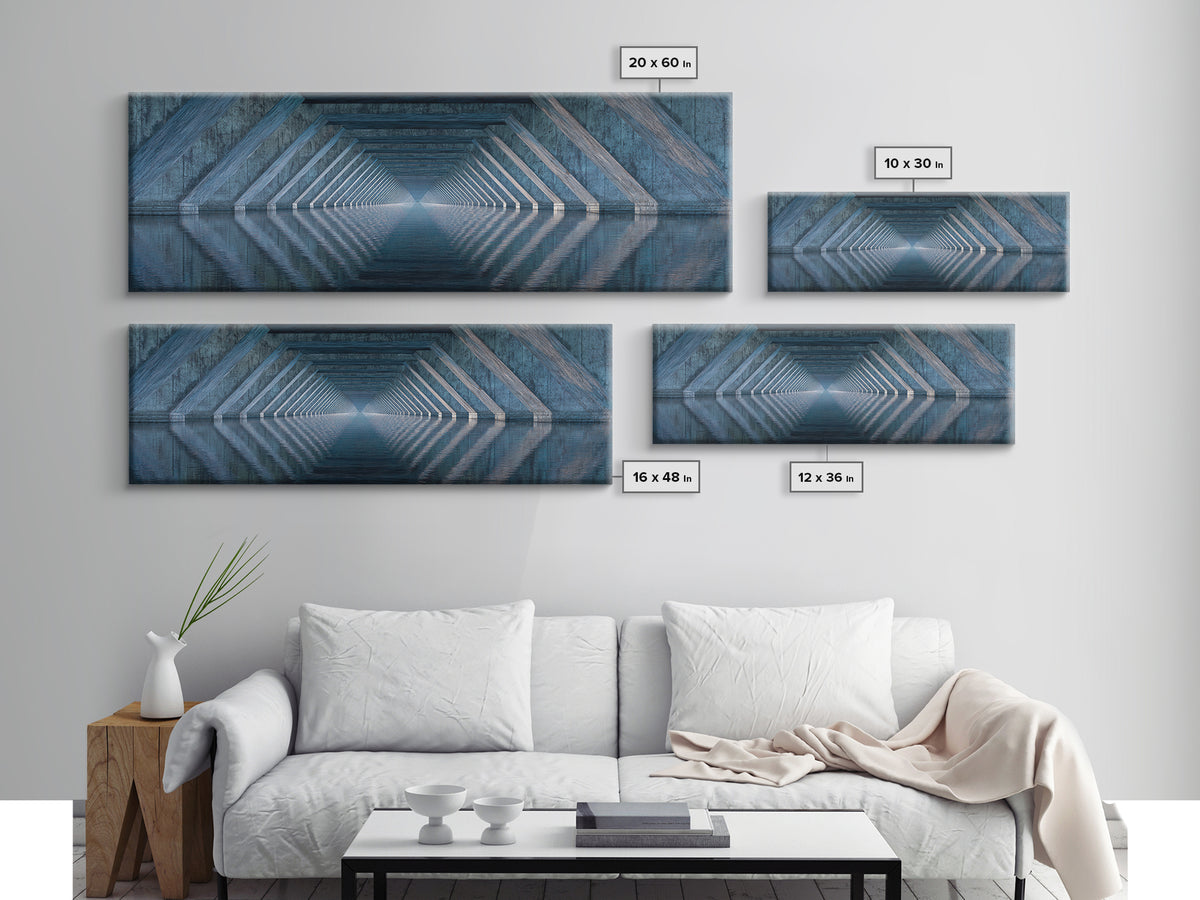 Concrete Underpass Reflections Framed Canvas Print, Geometric Bridge Wall Art, Blue Industrial Decor, Minimalist Poster Print