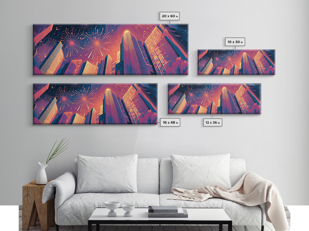 Fireworks Over Skyscrapers Canvas Print, Neon City Night Wall Art, Retro Futuristic Urban Decor, Bold Architecture Poster