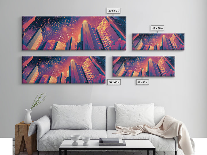 Fireworks Over Skyscrapers Canvas Print, Neon City Night Wall Art, Retro Futuristic Urban Decor, Bold Architecture Poster