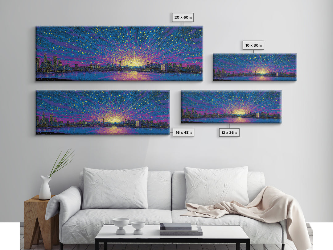 Cosmic Harbor Skyline Sunset Wall Art, Starburst Cityscape Print, Vibrant Blue Purple Decor, Modern Panoramic Poster Gift