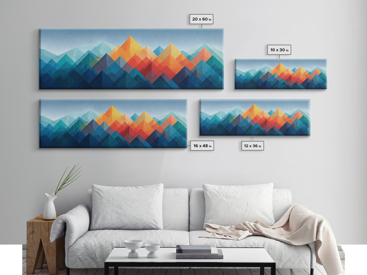 Blue Orange Faceted Mountain Range Framed Canvas Print, Mid Century Modern Abstract Art, Geometric Wall Decor Poster For Living Room