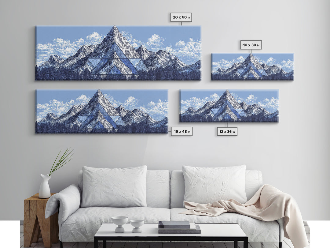 Snowy Alpine Mountain Sketch Wall Art, Blue White Landscape Print, Modern Geometric Poster, Office And Living Room Decor