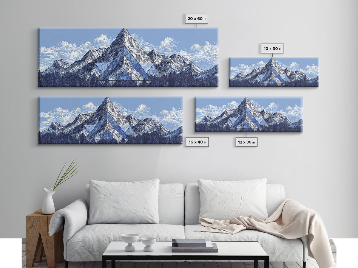 Snowy Alpine Mountain Sketch Wall Art, Blue White Landscape Print, Modern Geometric Poster, Office And Living Room Decor