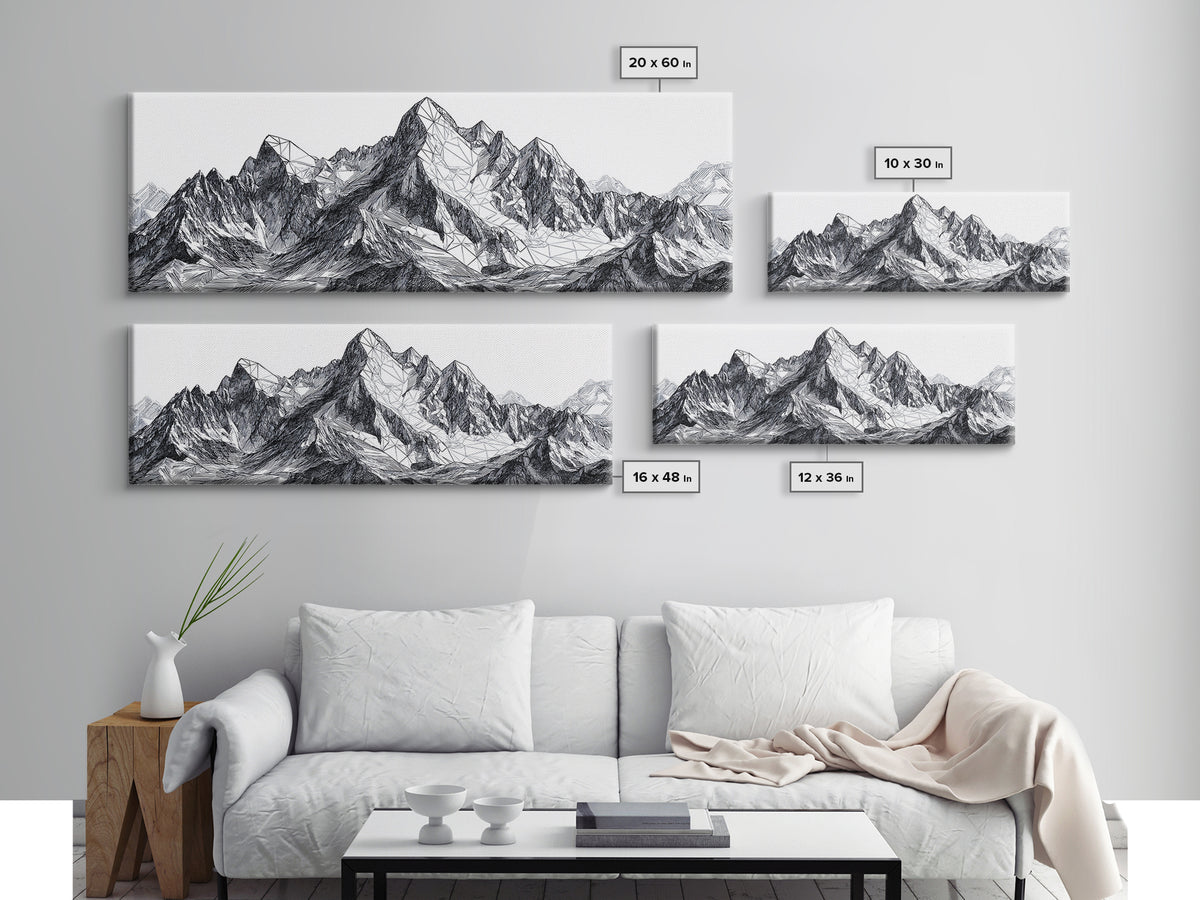 Black White Mountain Line Drawing Wall Art, Minimalist Landscape Print, Modern Office Decor, Alpine Sketch Poster Gift For Him
