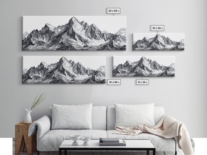 Black White Mountain Line Drawing Wall Art, Minimalist Landscape Print, Modern Office Decor, Alpine Sketch Poster Gift For Him