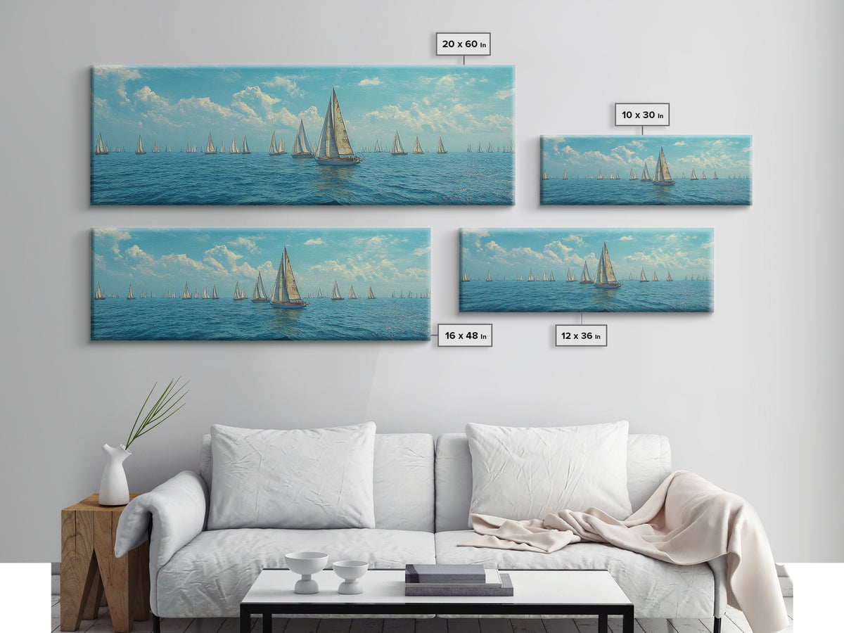 Impressionist Sailboat Fleet Canvas Print, Coastal Wall Art, Blue Ocean Landscape Poster, Nautical Decor For Living Room