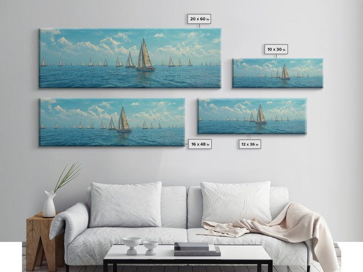 Impressionist Sailboat Fleet Canvas Print, Coastal Wall Art, Blue Ocean Landscape Poster, Nautical Decor For Living Room