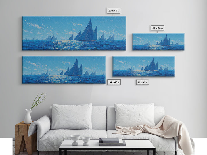 Deep Blue Sailboat Horizon Framed Canvas Print, Coastal Wall Art, Nautical Ocean Decor, Modern Landscape Poster For Office