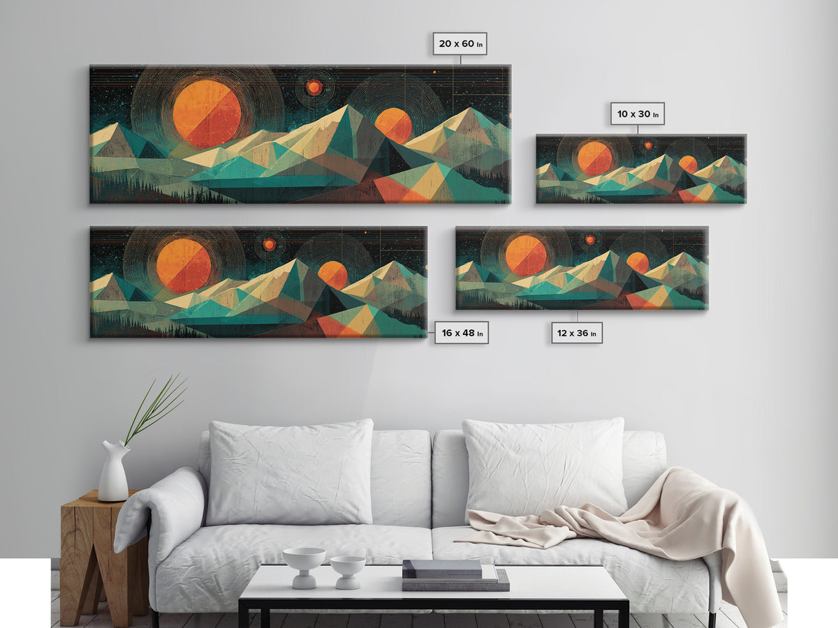 Geometric Mountain Suns Framed Canvas Print, Midcentury Modern Wall Art, Teal Orange Abstract Decor, Retro Landscape Poster