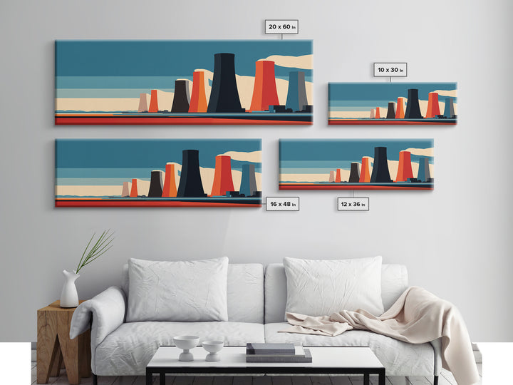 Retro Nuclear Cooling Towers At Desert Horizon Wall Art, Midcentury Modern Industrial Landscape, Bold Orange Blue MCM Decor